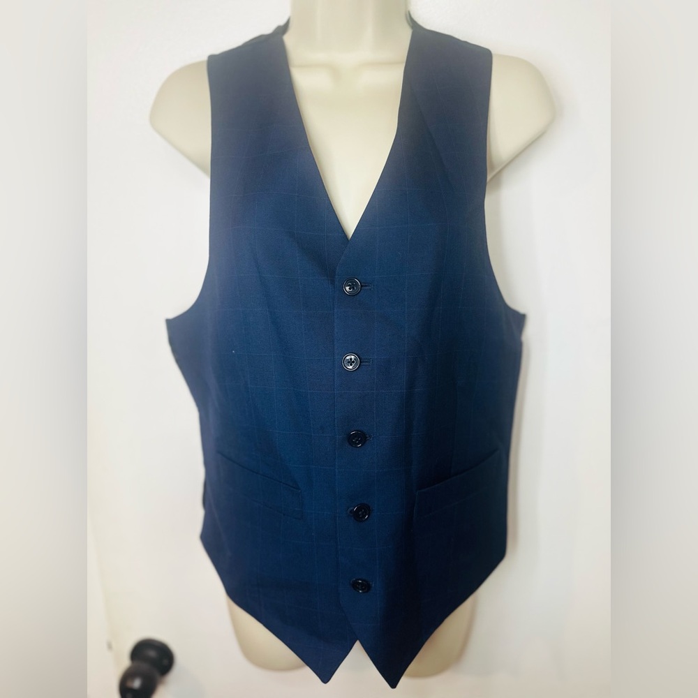 Navy Blue Plaid  5 Button Front Poly Rayon Blend Tailored Suit Vest -- Women's S